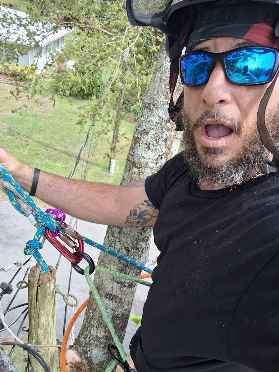 Climber selfie in black hard hat with harness